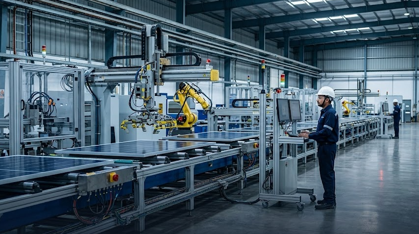 Automated solar PV manufacturing line with robotic equipment