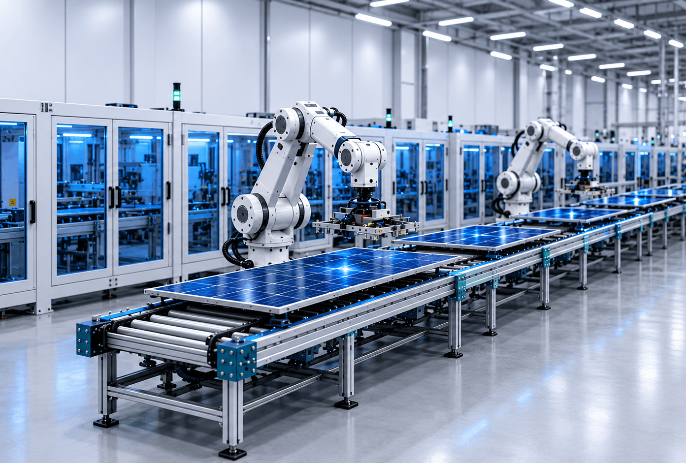 Robotic equipment on a solar PV module production line